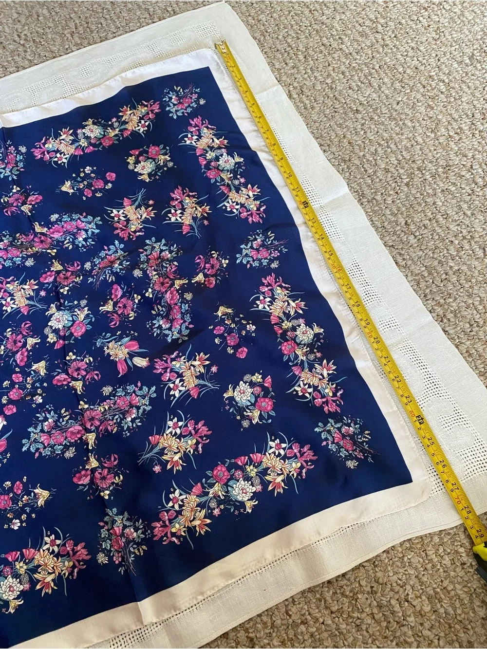 Navy Floral Silk-Feel Scarf with Ivory Border